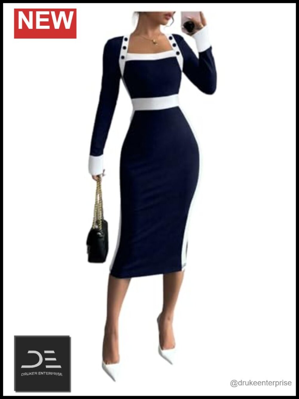 Women's Long Sleeve Bodycon Midi Dress Square Neck Button Front Pencil